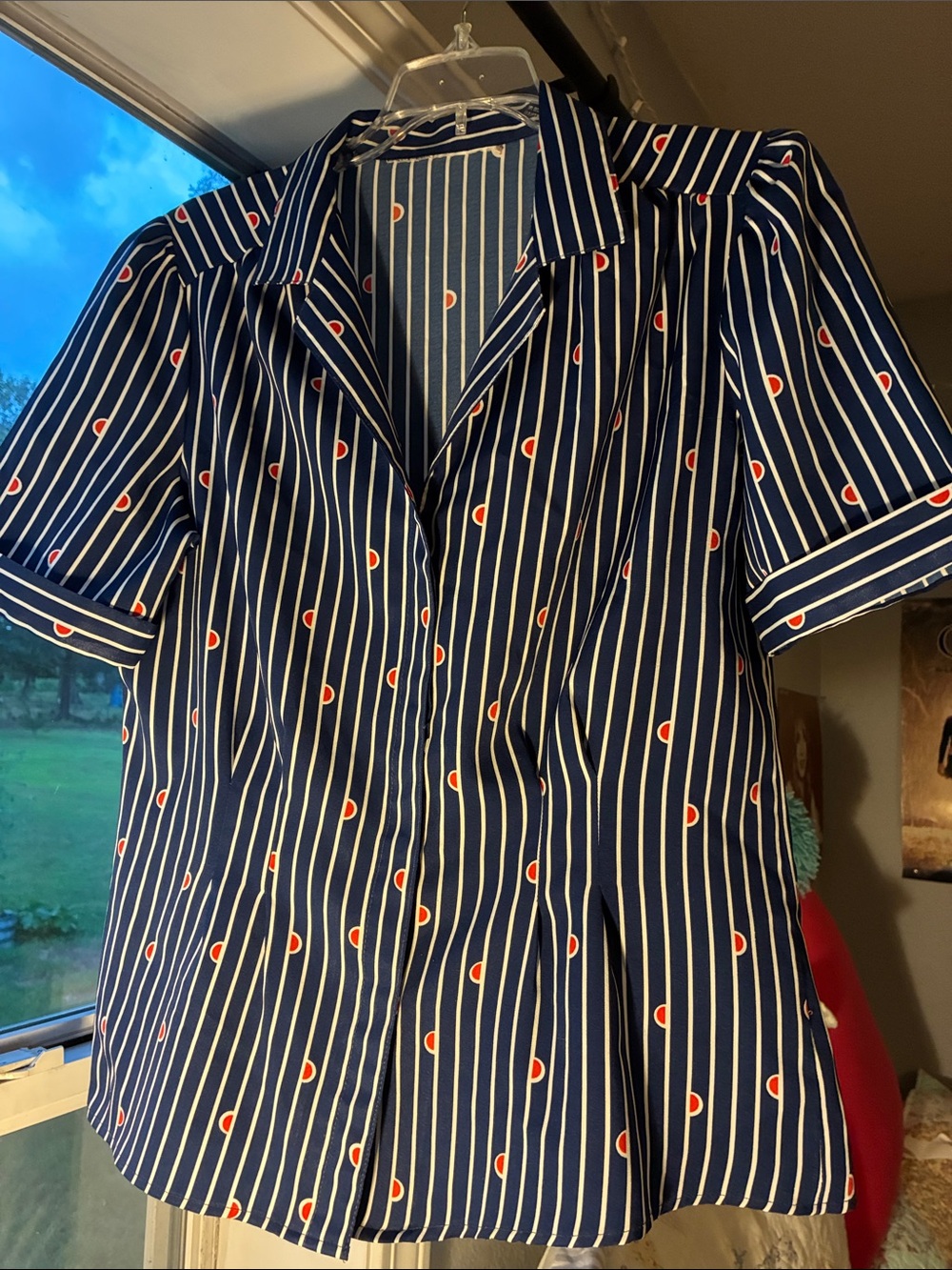 Vintage Navy Stripe Button-Up Blouse with Red Dot Accent Med/Lrg